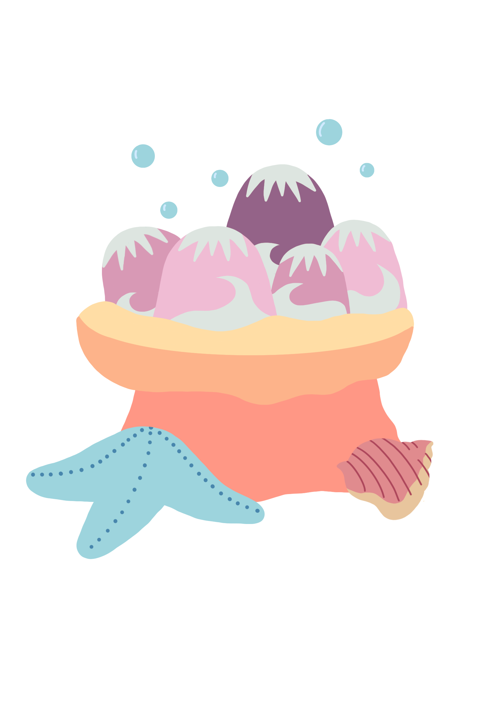 Illustration of barnacles, coral, a starfish, a seashell, and bubbles.